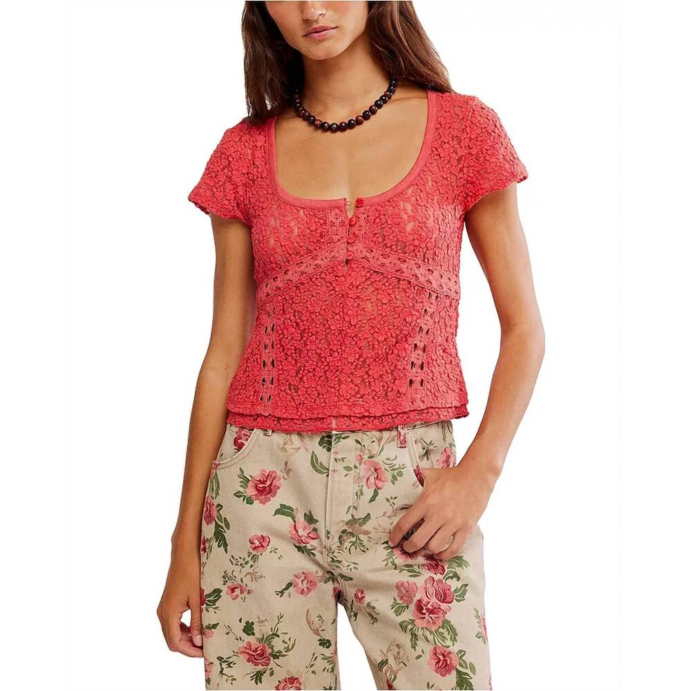 NEW FREE PEOPLE claro short sleeve blouse in aged coral